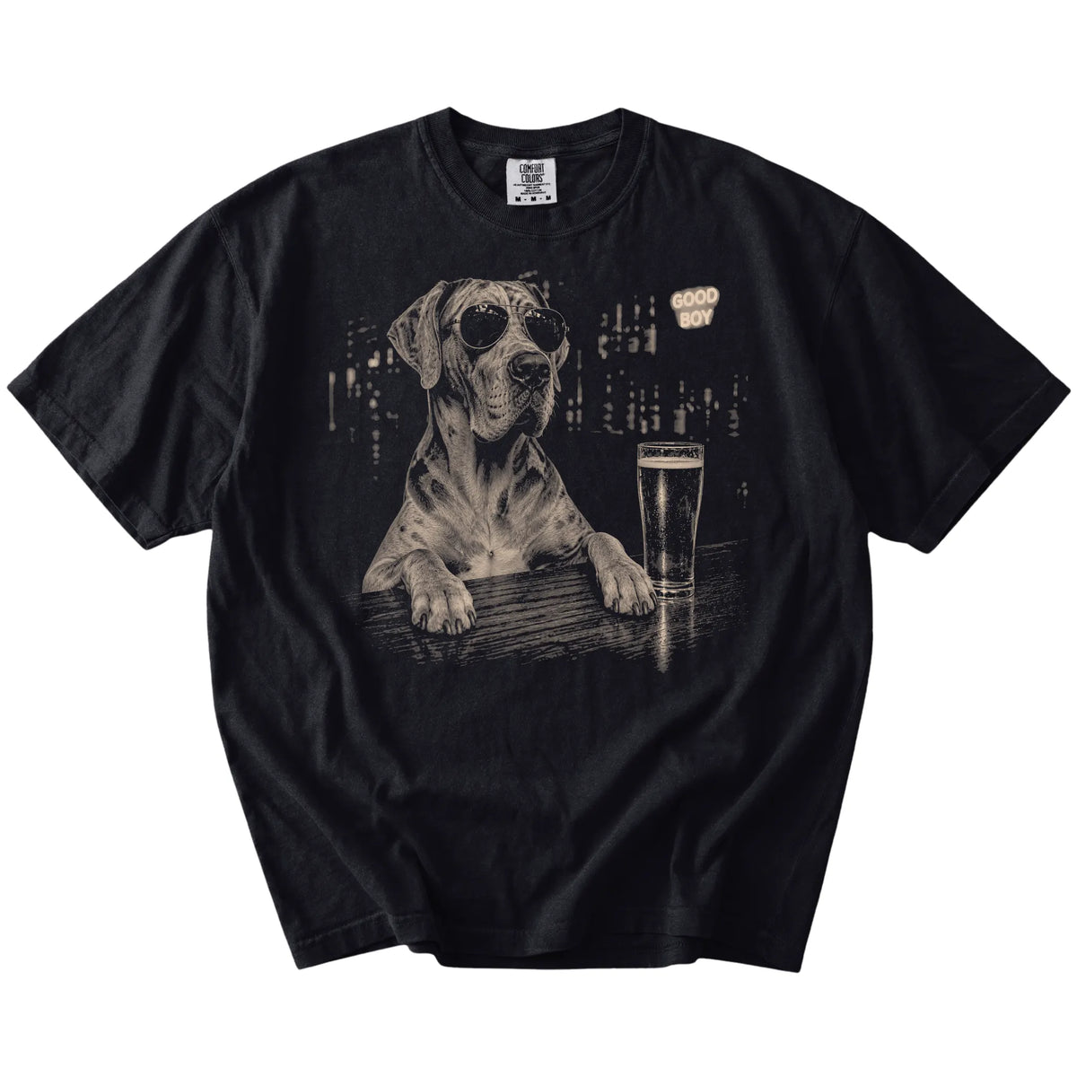 Black Great Dane at a bar beside a pint, laid flat