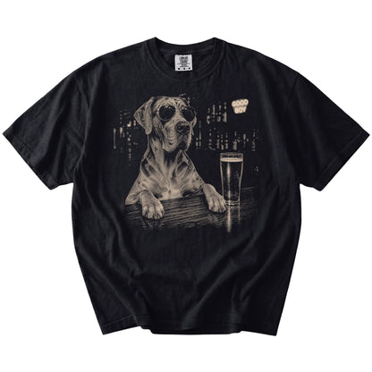 Black Great Dane at a bar beside a pint, laid flat