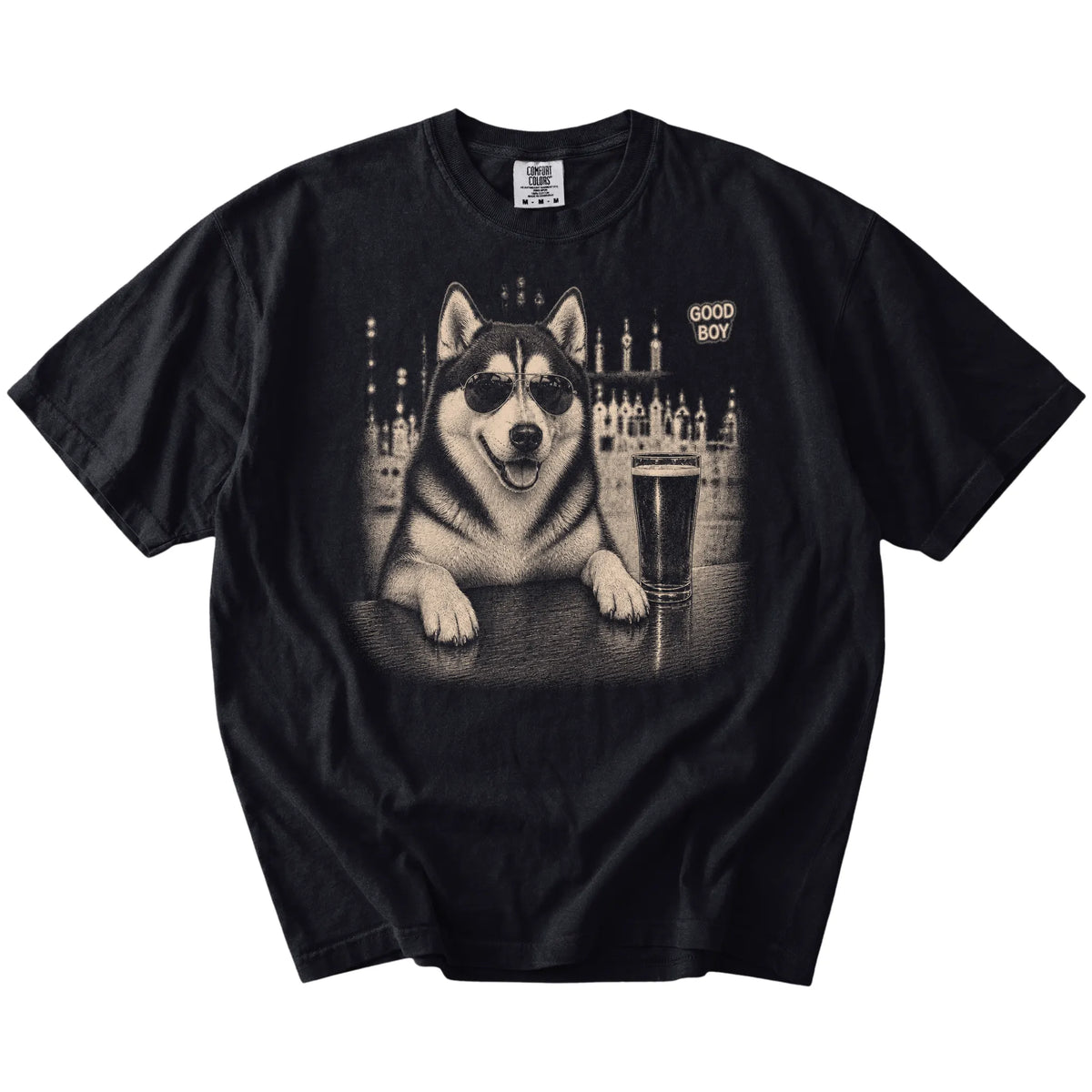 Black Husky at a bar beside a pint, laid flat