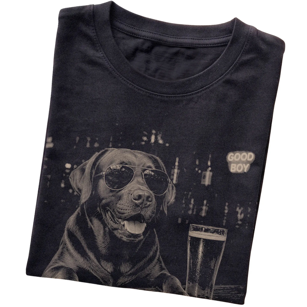 Black Labrador Retriever at a bar beside a pint, folded detail view