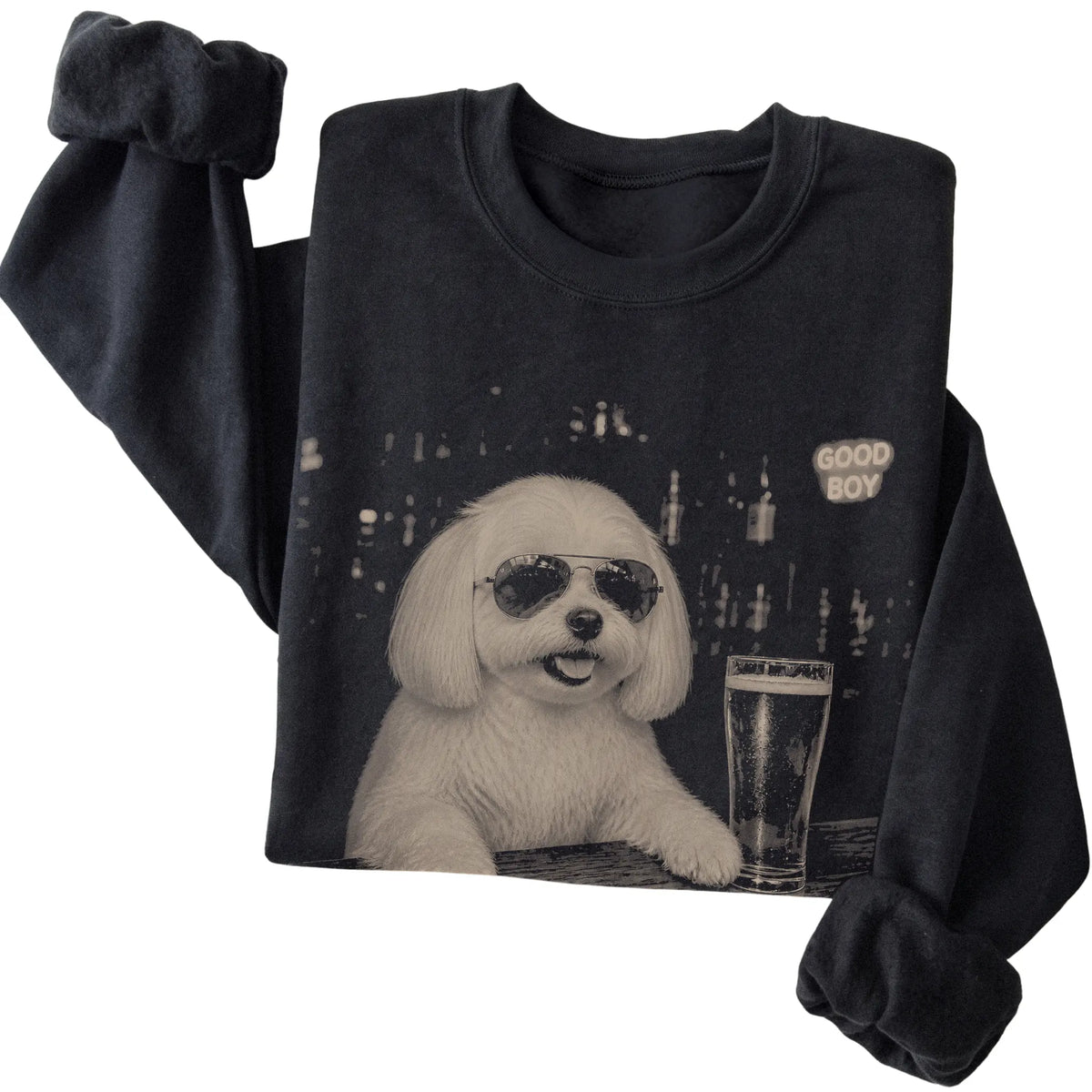 Black Maltese at a bar beside a pint, folded detail view