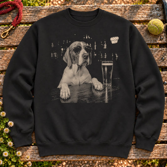 Pointer Drinking Beer on a Black crewneck sweatshirt, shown flat