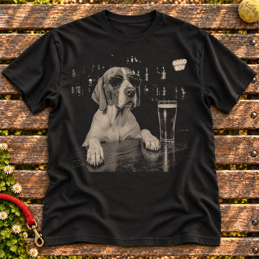 Pointer Drinking Beer on a Black T-shirt, shown flat