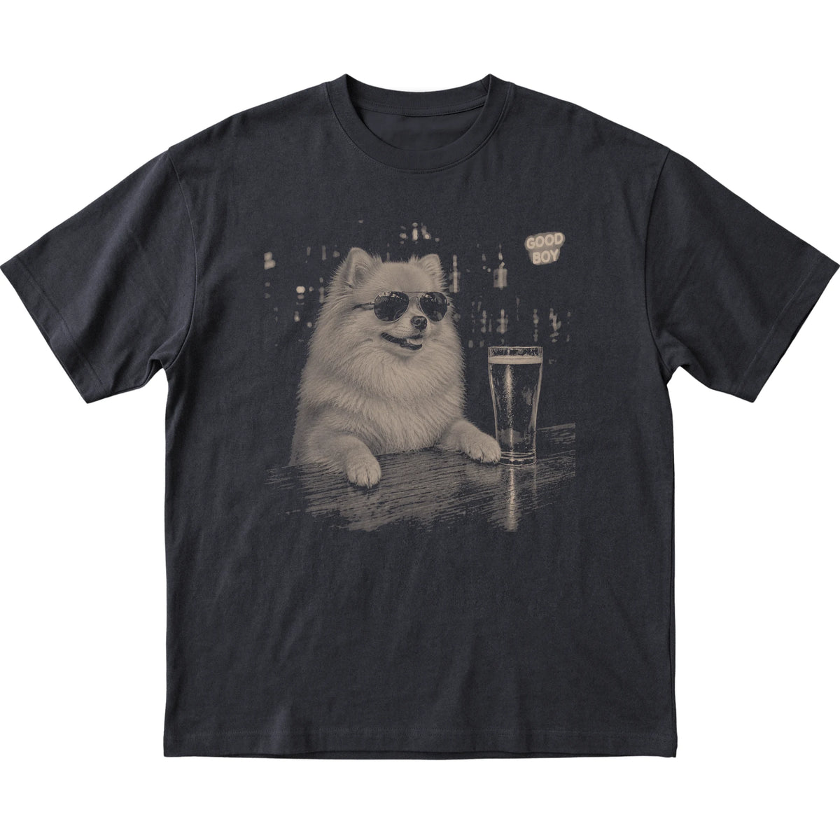 Black Pomeranian at a bar beside a pint, laid flat