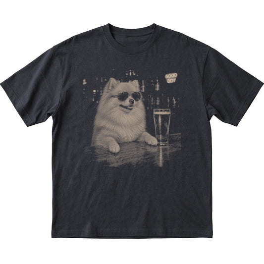 Black Pomeranian at a bar beside a pint, laid flat
