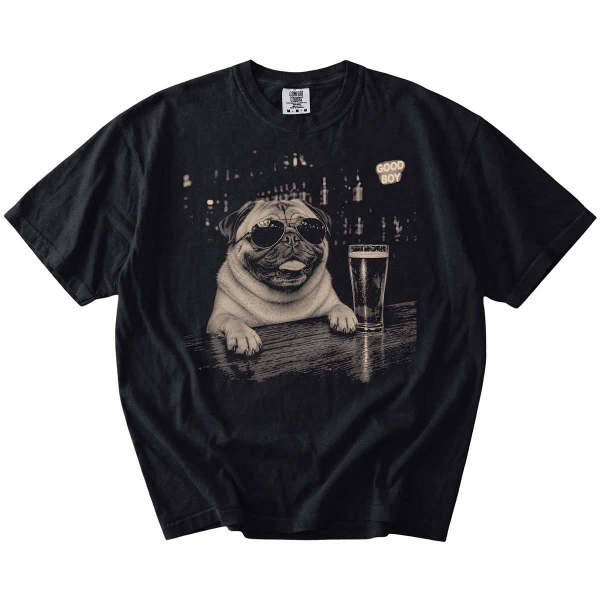 Black Pug at a bar beside a pint, laid flat