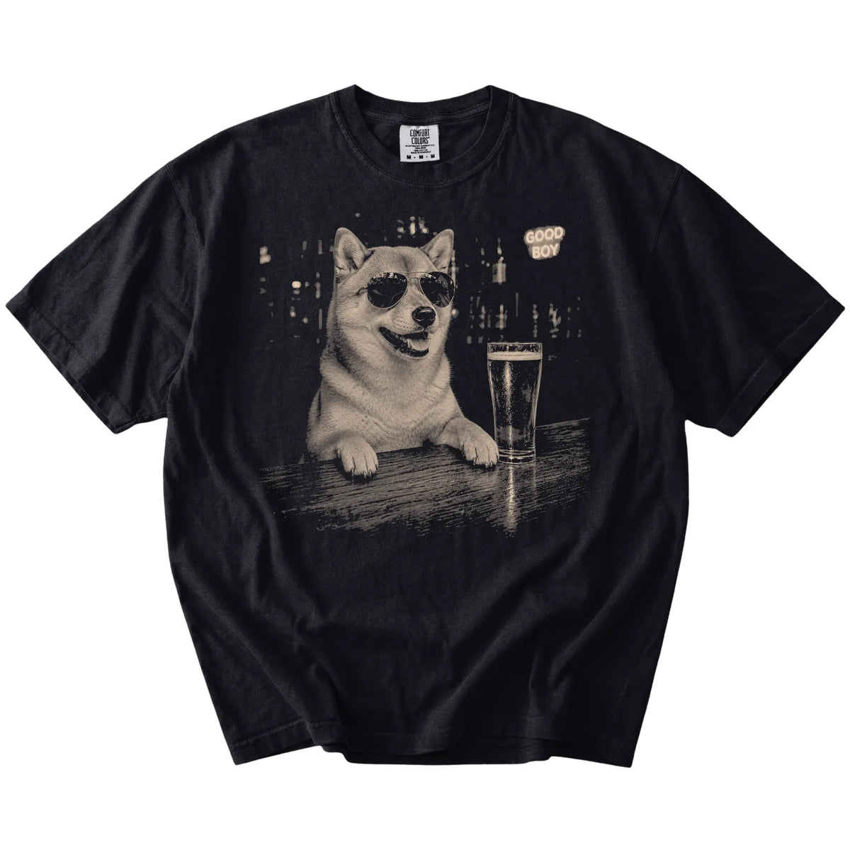 Black Shiba Inu at a bar beside a pint, laid flat