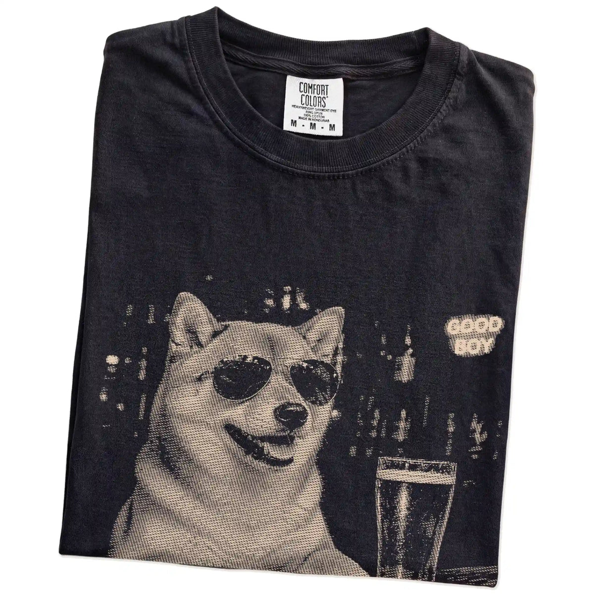 Black Shiba Inu at a bar beside a pint, folded detail view