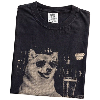 Black Shiba Inu at a bar beside a pint, folded detail view