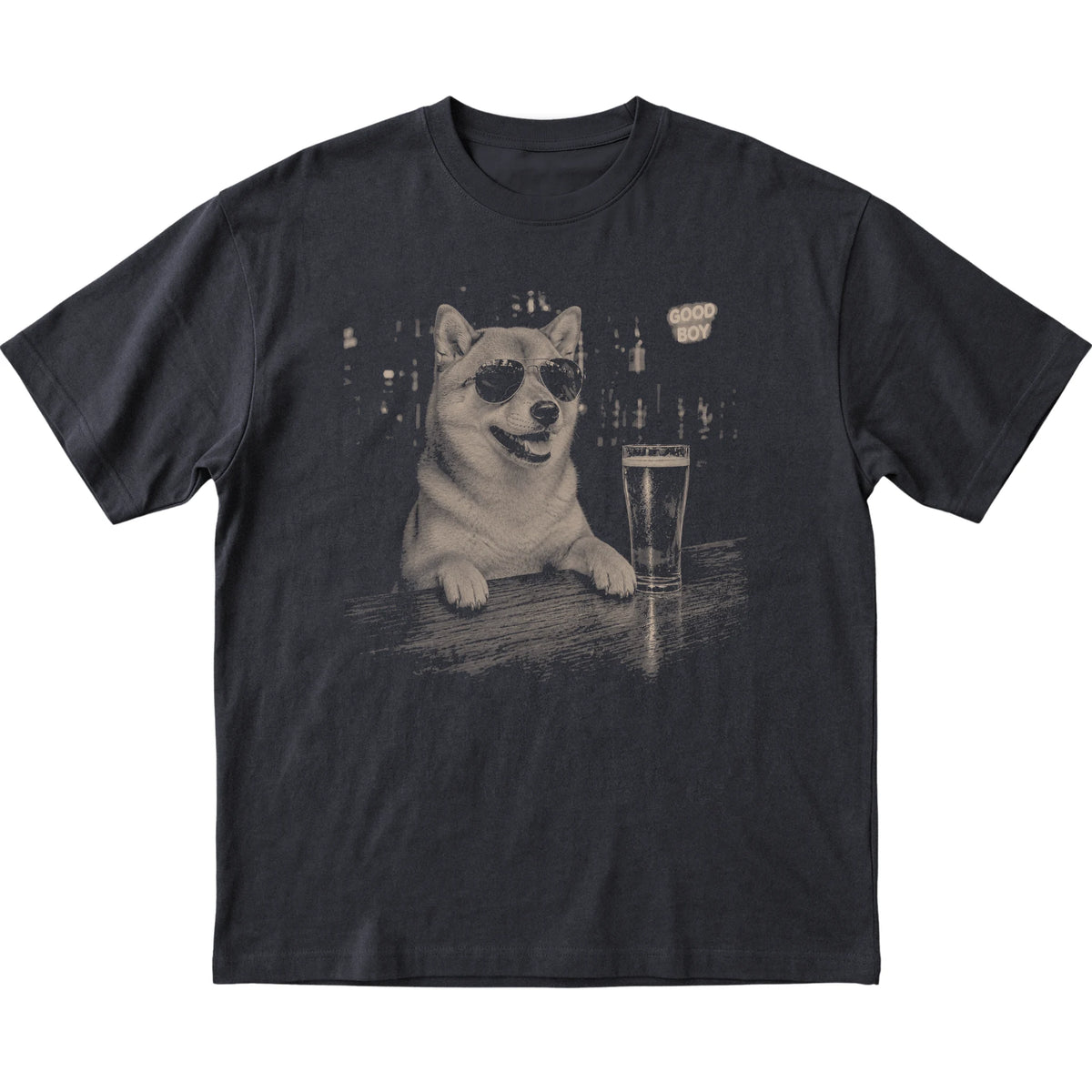 Black Shiba Inu at a bar beside a pint, laid flat