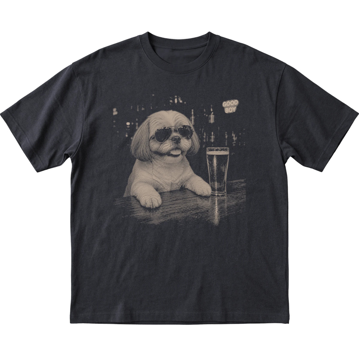 Black Shih Tzu at a bar beside a pint, laid flat