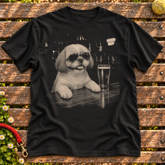 Shih Tzu Drinking Beer on a Black T-shirt, shown flat