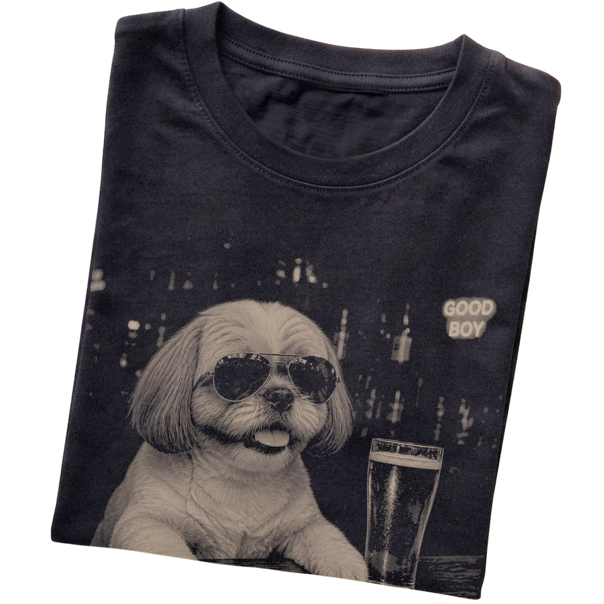 Black Shih Tzu at a bar beside a pint, folded detail view