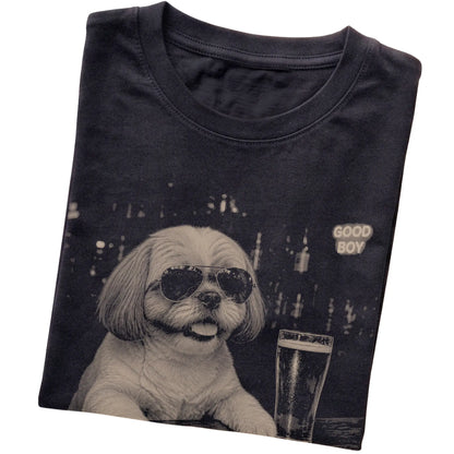 Black Shih Tzu at a bar beside a pint, folded detail view