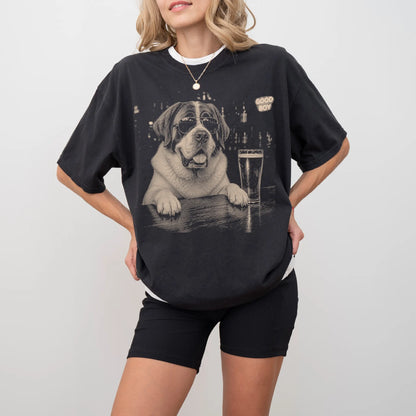 Black St Bernard at a bar beside a pint, worn in a studio setting