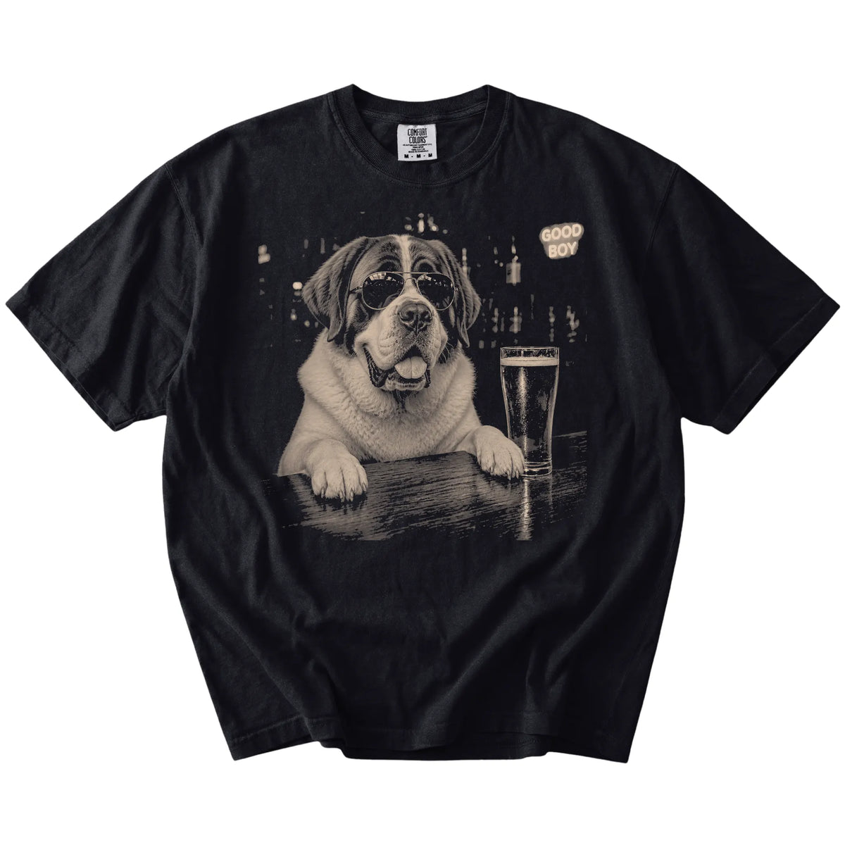 Black St Bernard at a bar beside a pint, laid flat