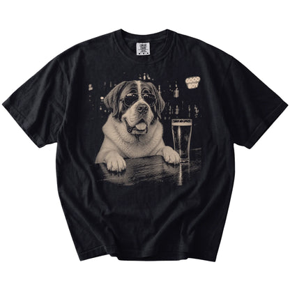 Black St Bernard at a bar beside a pint, laid flat