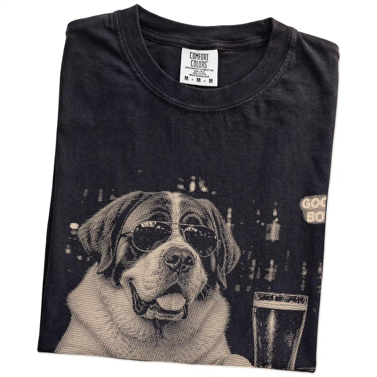 Black St Bernard at a bar beside a pint, folded detail view