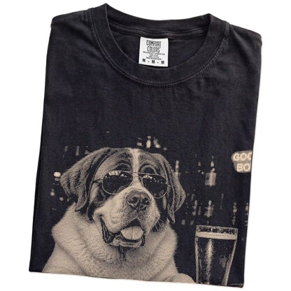 Black St Bernard at a bar beside a pint, folded detail view
