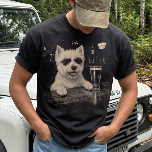 Black Westie at a bar beside a pint, worn in a studio setting