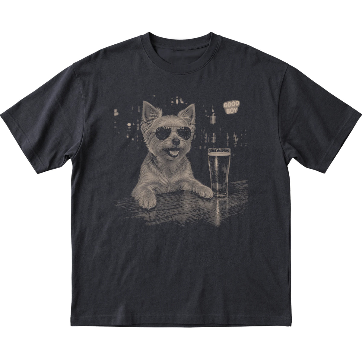 Black Yorkie at a bar beside a pint, laid flat