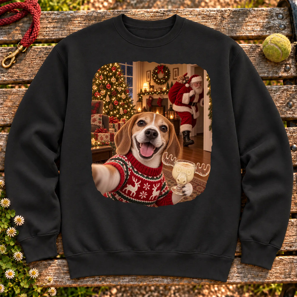 Beagle Eggnog Selfie design on a Black Gildan® sweatshirt