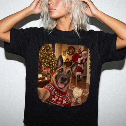 Belgian Malinois Eggnog Selfie design on a Black Comfort Colors® T-shirt worn by a model