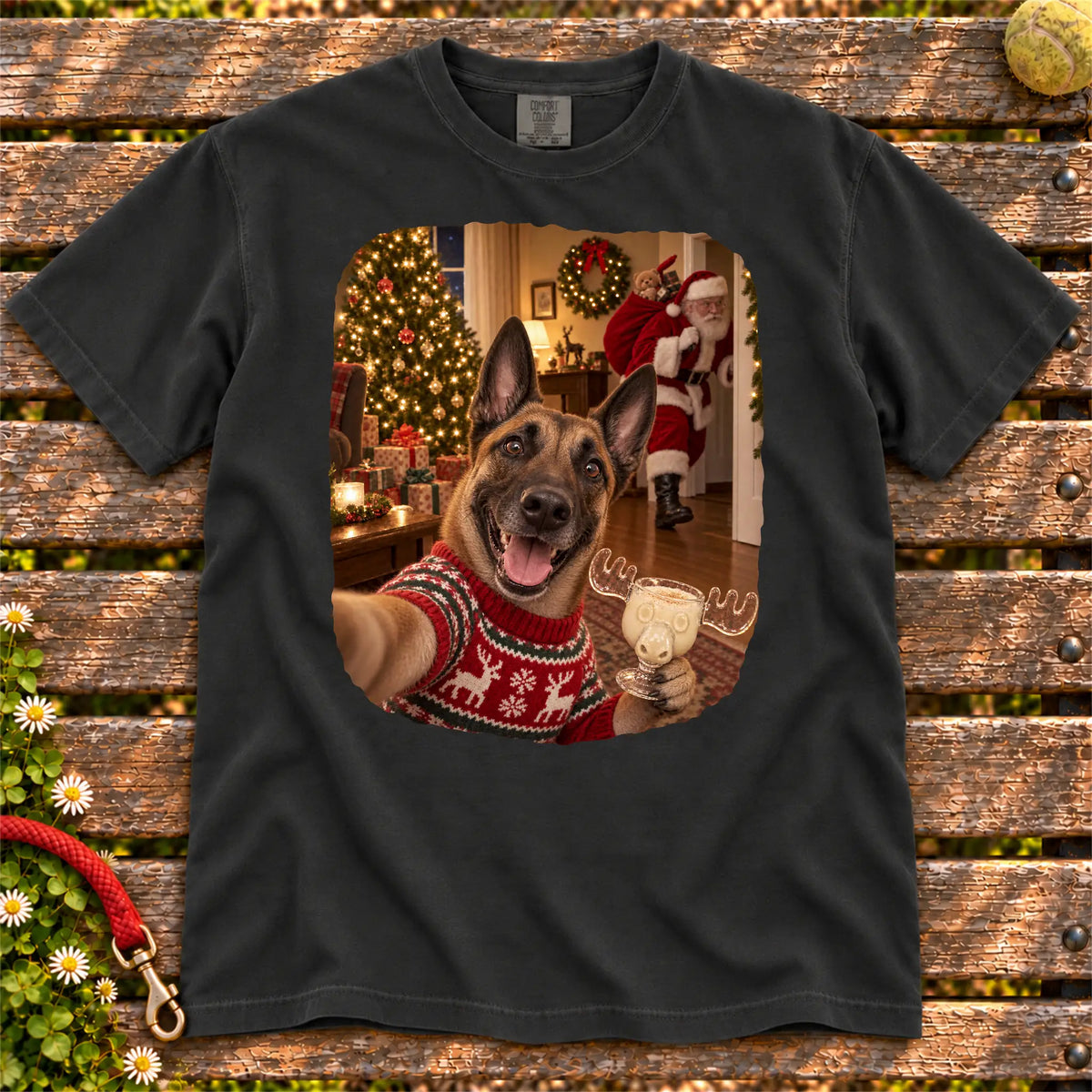 Belgian Malinois Eggnog Selfie design on a Black Comfort Colors® T-shirt