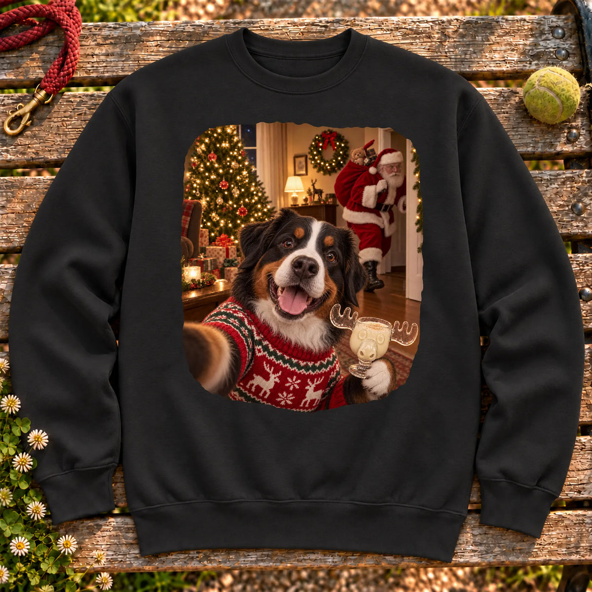 Bernese Mountain Dog Eggnog Selfie design on a Black Gildan® sweatshirt