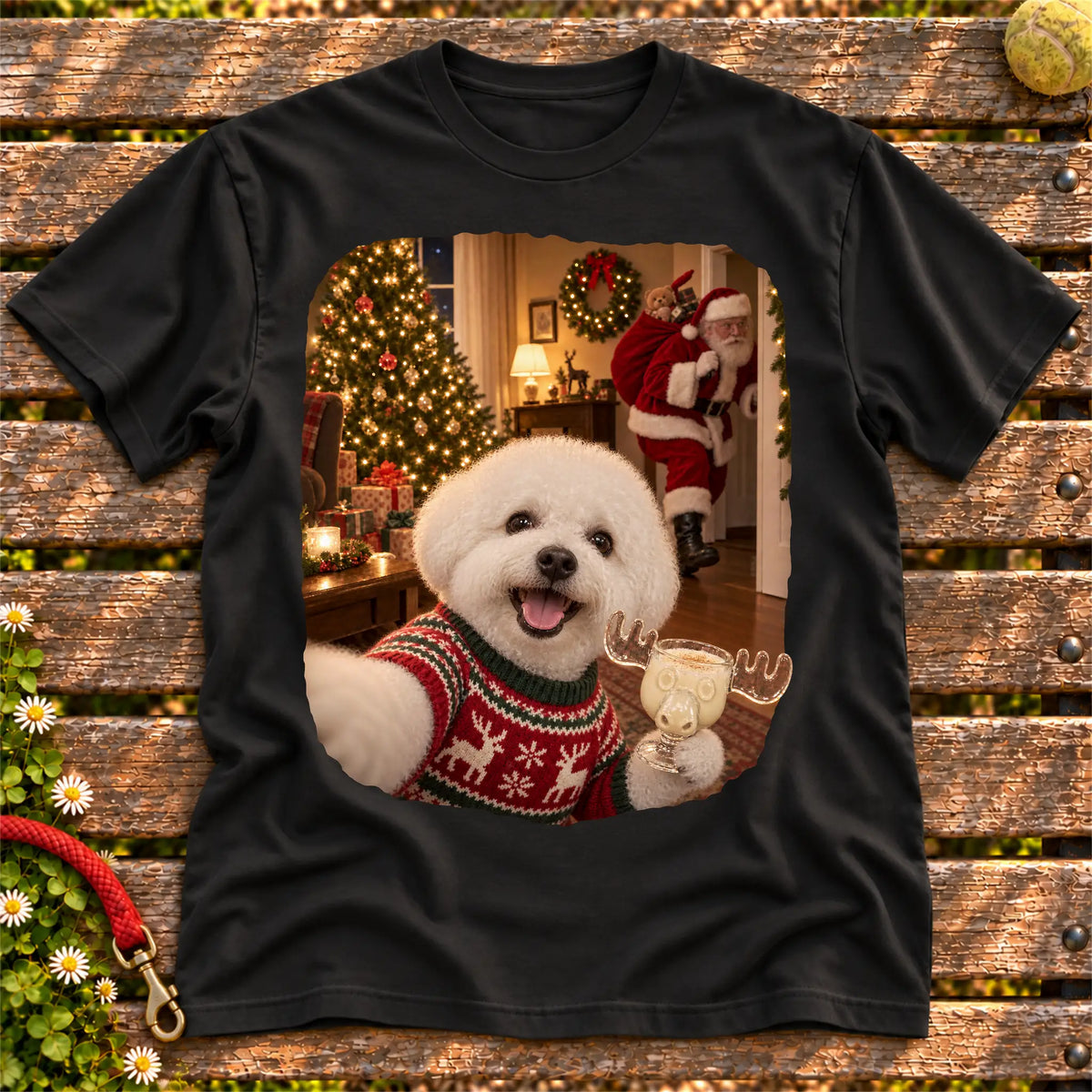 Bichon Frise Eggnog Selfie design on a Black Gildan® T-shirt