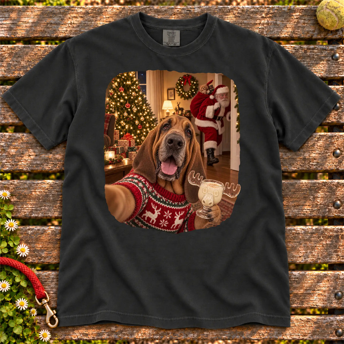 Bloodhound Eggnog Selfie design on a Black Comfort Colors® T-shirt