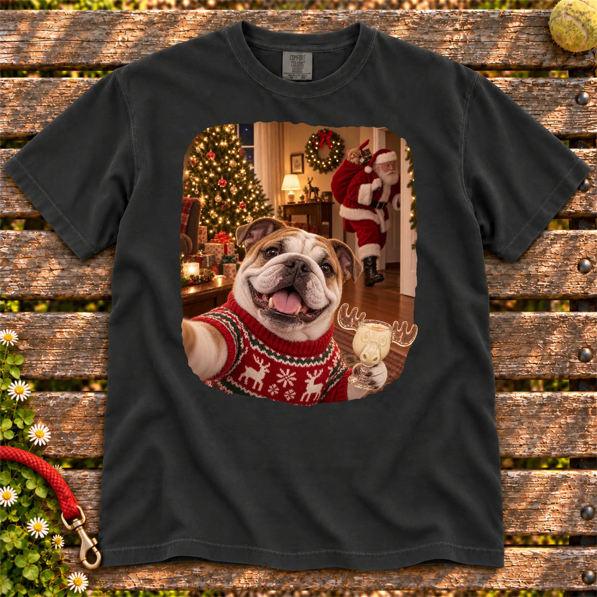 Bulldog Eggnog Selfie design on a Black Comfort Colors® T-shirt