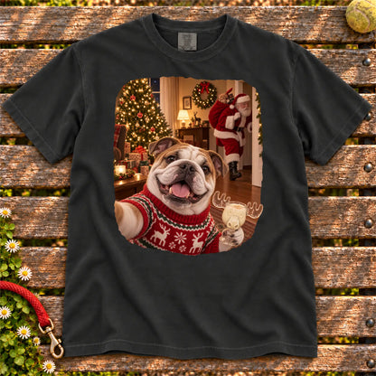 Bulldog Eggnog Selfie design on a Black Comfort Colors® T-shirt