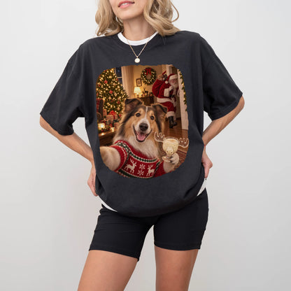 Collie Eggnog Selfie design on a Black Comfort Colors® T-shirt worn by a model