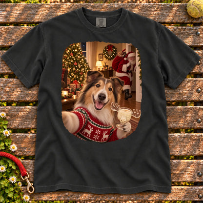 Collie Eggnog Selfie design on a Black Comfort Colors® T-shirt