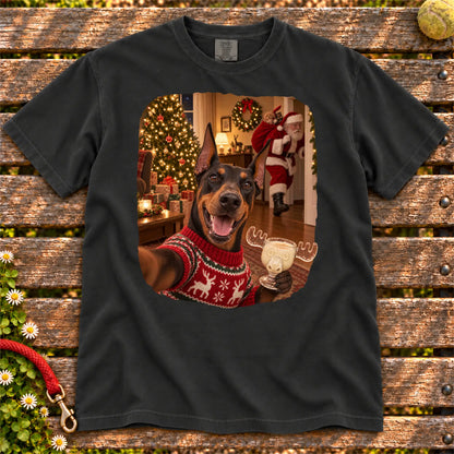 Doberman Eggnog Selfie design on a Black Comfort Colors® T-shirt