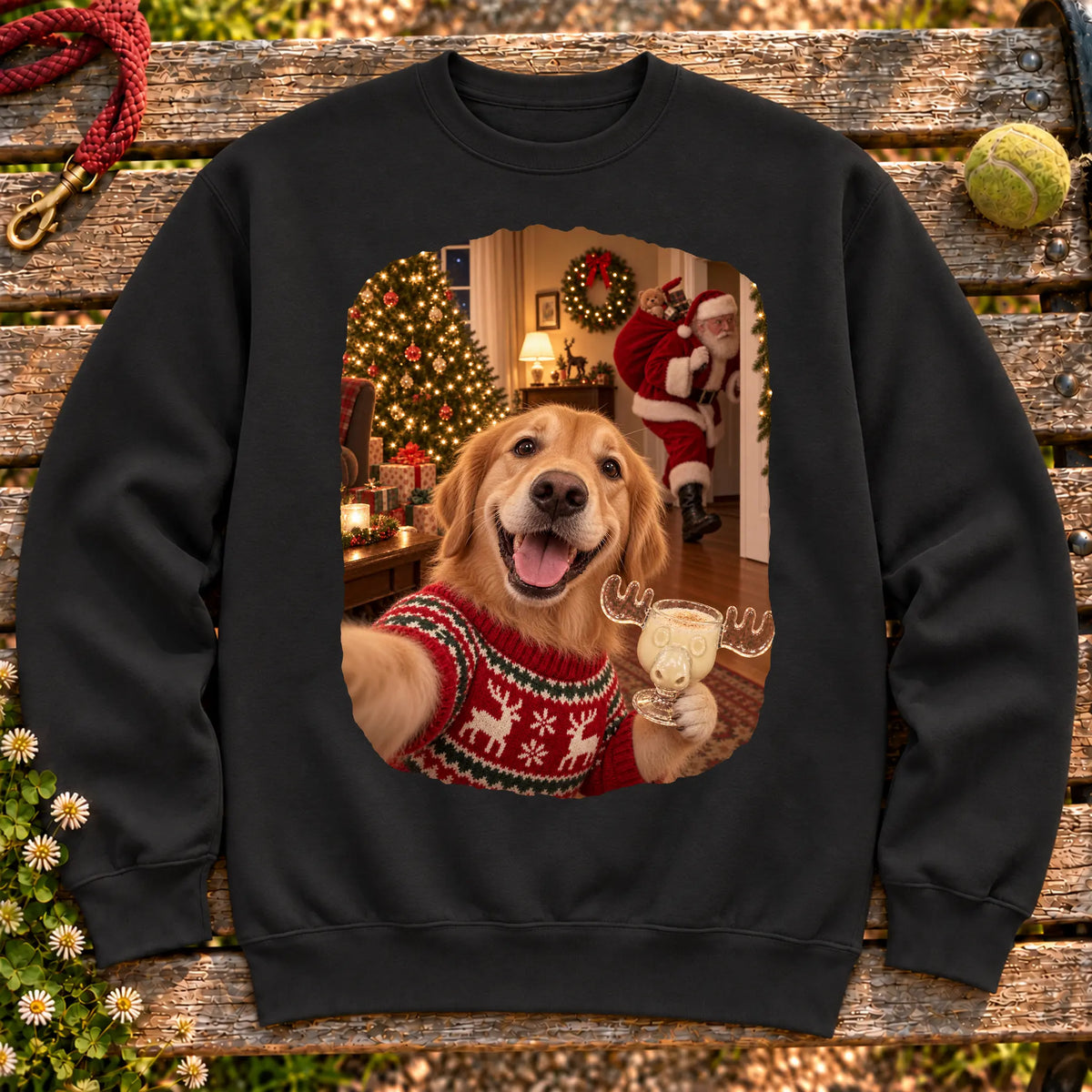 Golden Retriever Eggnog Selfie design on a Black Gildan® sweatshirt