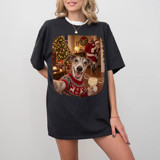Greyhound Eggnog Selfie design on a Black Comfort Colors® T-shirt worn by a model