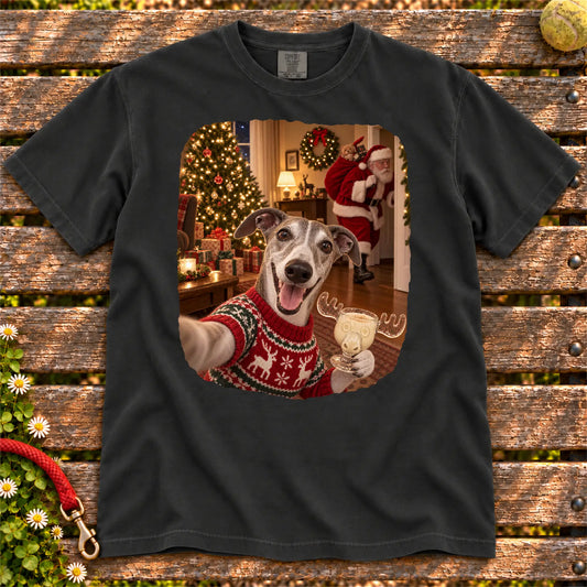 Greyhound Eggnog Selfie design on a Black Comfort Colors® T-shirt