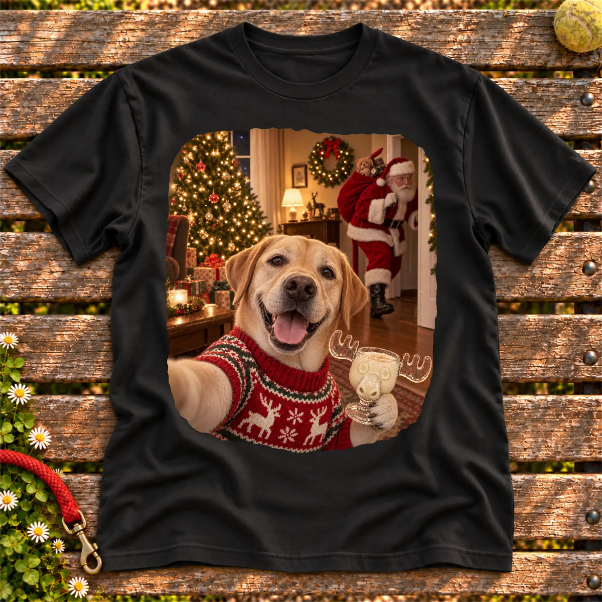 Labrador Retriever Eggnog Selfie design on a Black Gildan® T-shirt