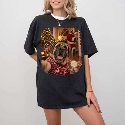 Mastiff Eggnog Selfie design on a Black Comfort Colors® T-shirt worn by a model