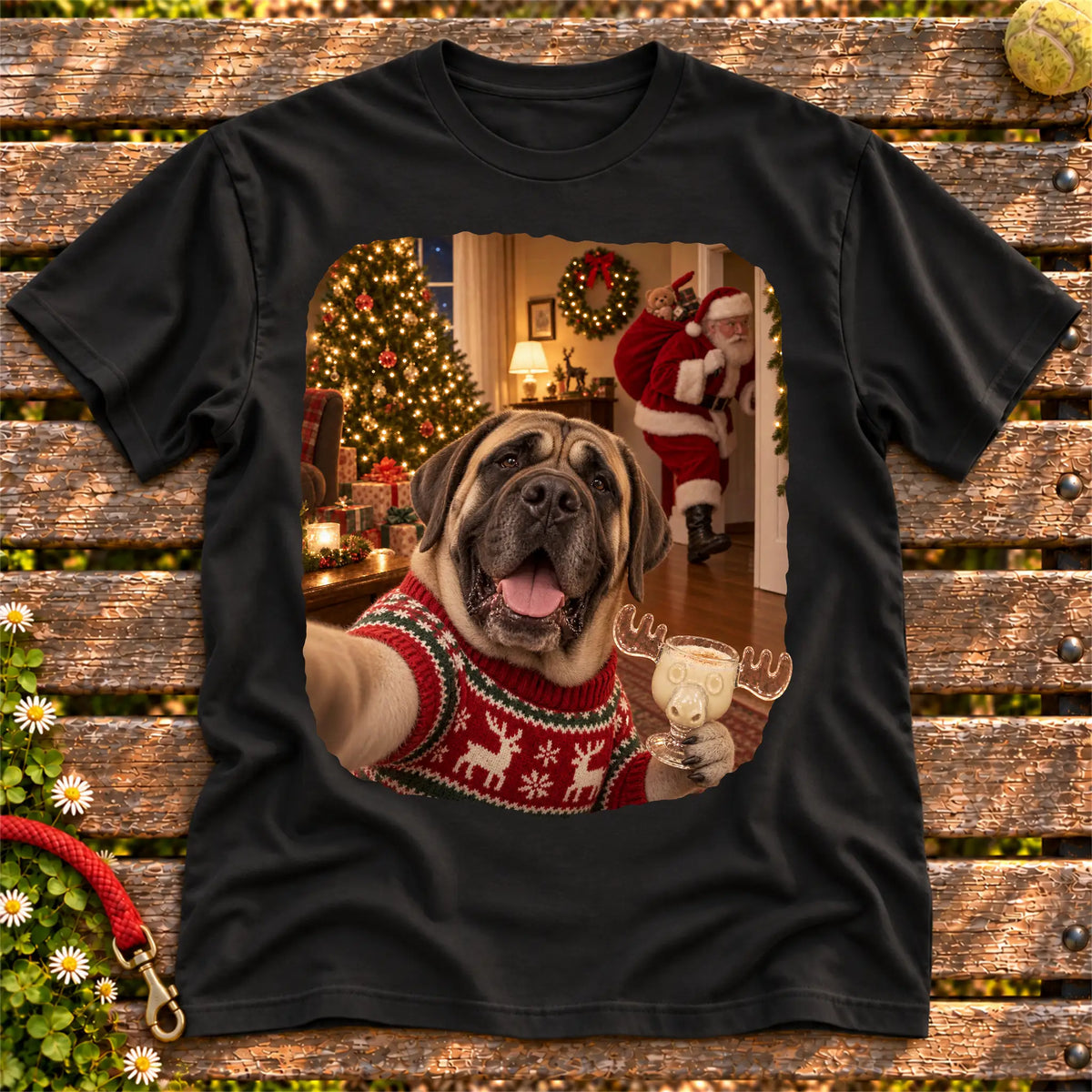 Mastiff Eggnog Selfie design on a Black Gildan® T-shirt