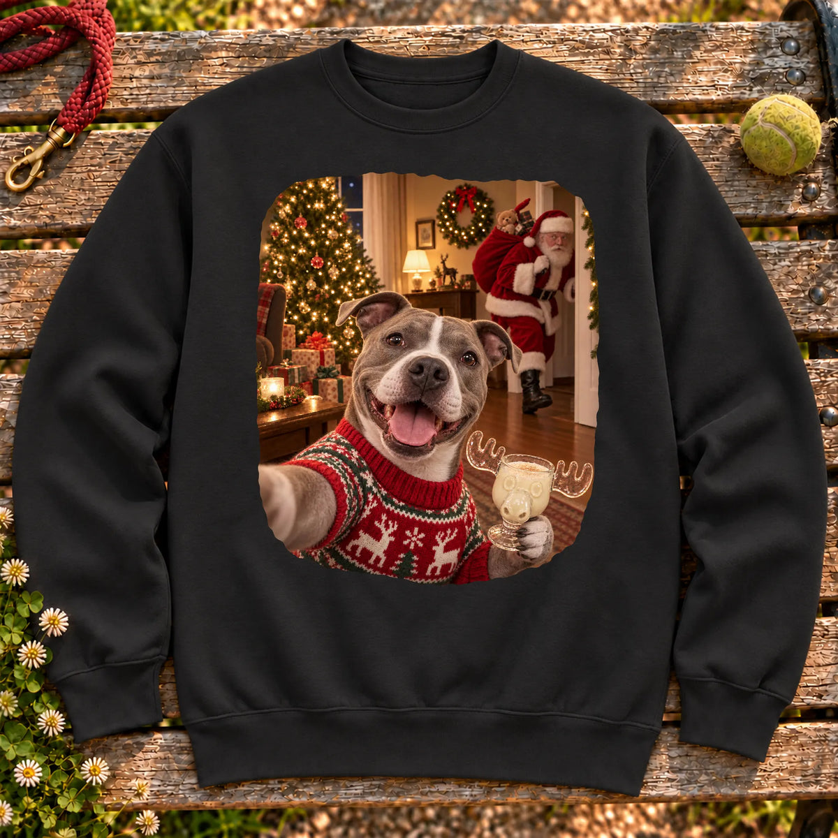 Pitbull Eggnog Selfie design on a Black Gildan® sweatshirt