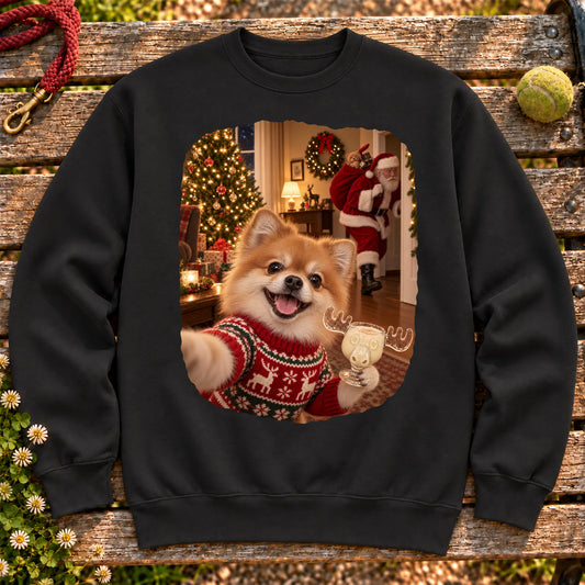 Pomeranian Eggnog Selfie design on a Black Gildan® sweatshirt