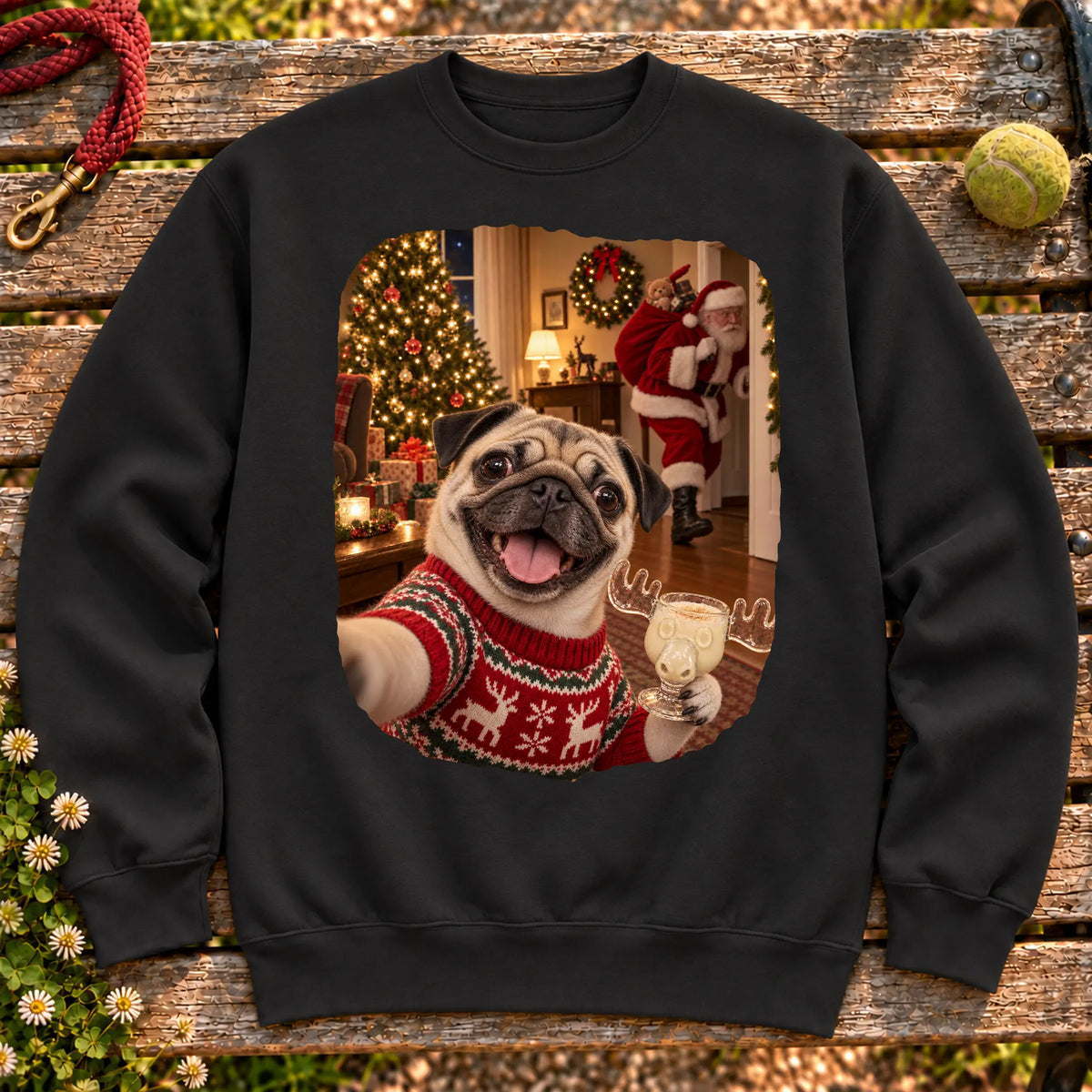 Pug Eggnog Selfie design on a Black Gildan® sweatshirt