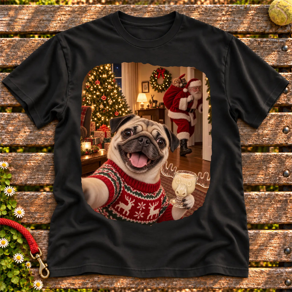 Pug Eggnog Selfie design on a Black Gildan® T-shirt