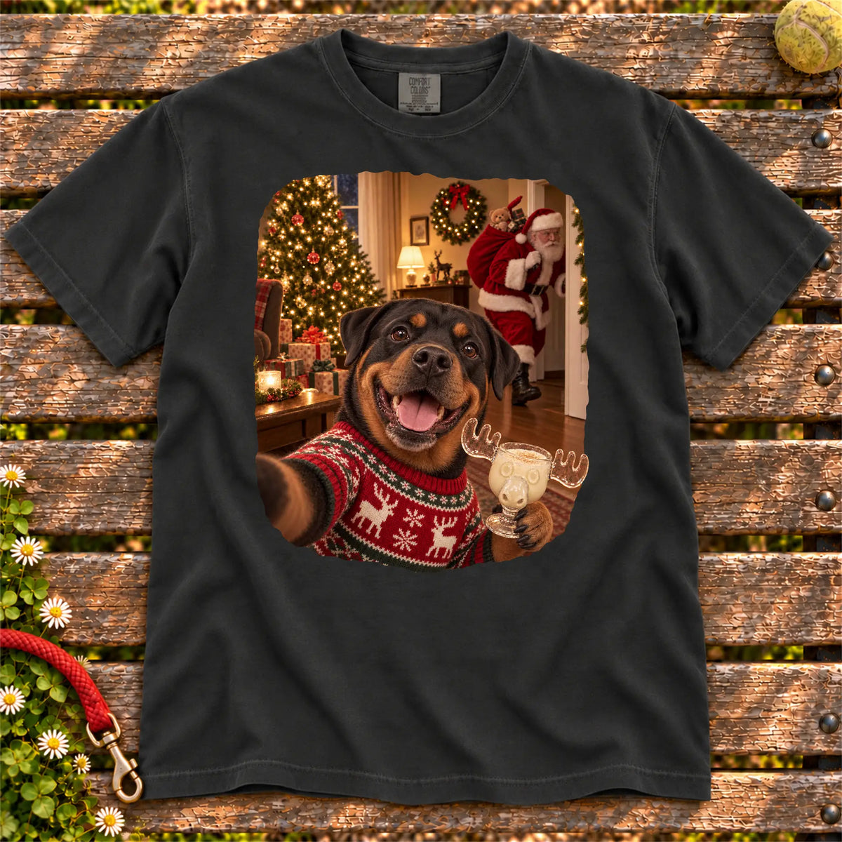 Rottweiler Eggnog Selfie design on a Black Comfort Colors® T-shirt
