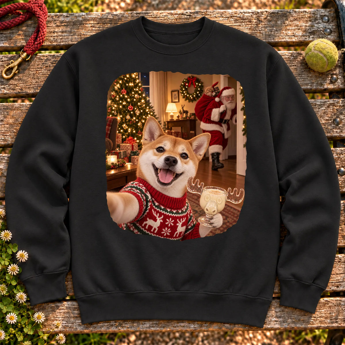 Shiba Inu Eggnog Selfie design on a Black Gildan® sweatshirt