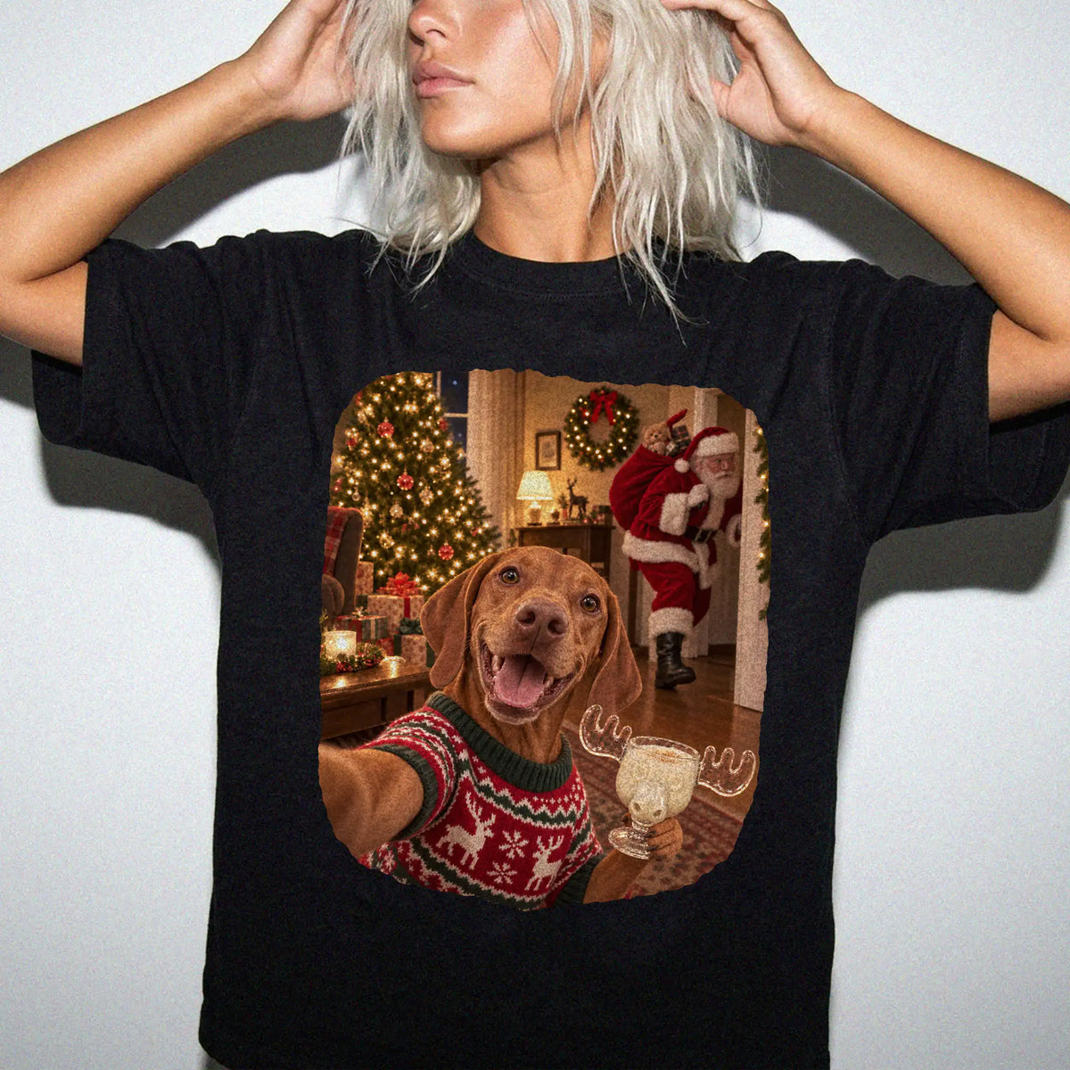 Vizsla Eggnog Selfie design on a Black Comfort Colors® T-shirt worn by a model