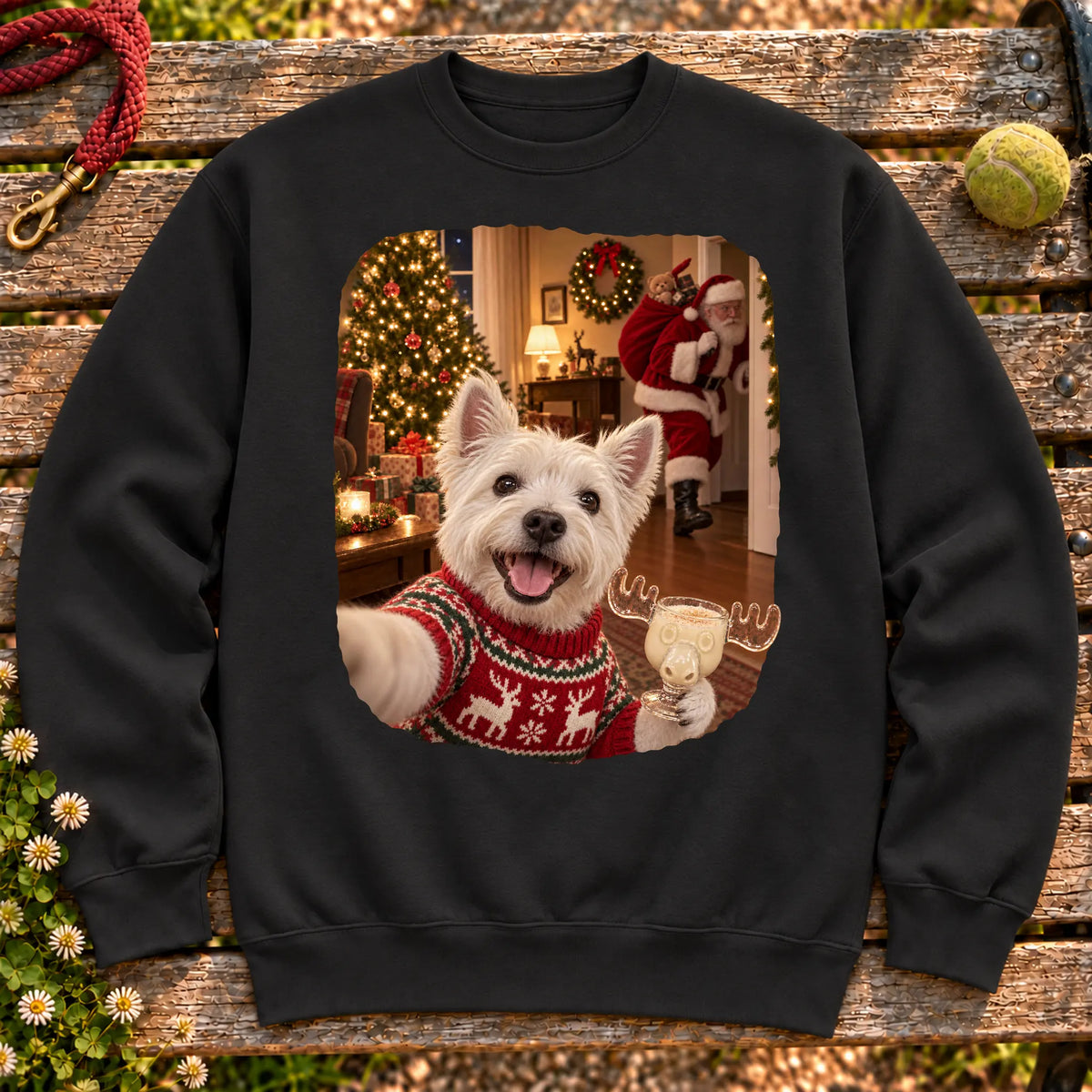 Westie Eggnog Selfie design on a Black Gildan® sweatshirt